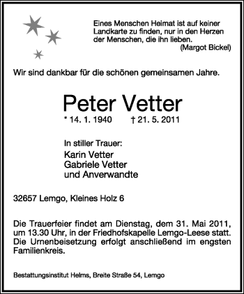 Anzeige  Peter Vetter  Lippische Landes-Zeitung