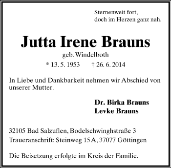 Anzeige  Jutta Irene Brauns  Lippische Landes-Zeitung