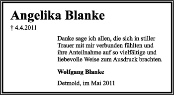 Anzeige  Angelika Blanke  Lippische Landes-Zeitung