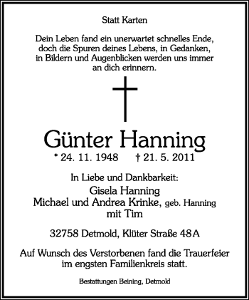 Anzeige  Günter Hanning  Lippische Landes-Zeitung