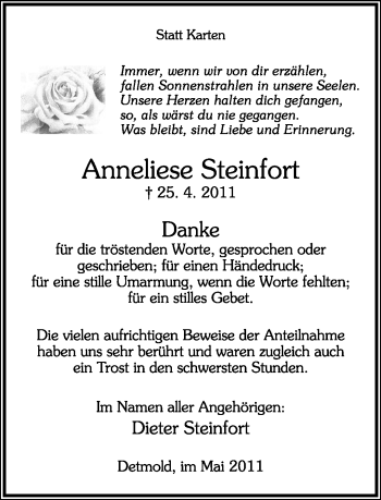 Anzeige  Anneliese Steinfort  Lippische Landes-Zeitung
