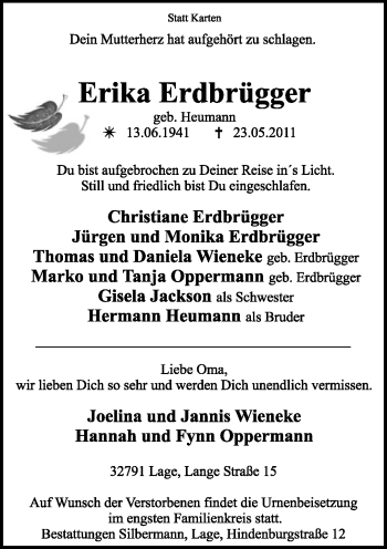 Anzeige  Erika Erdbrügger  Lippische Landes-Zeitung