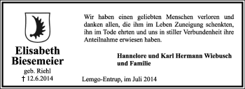 Anzeige  Elisabeth Biesemeier  Lippische Landes-Zeitung