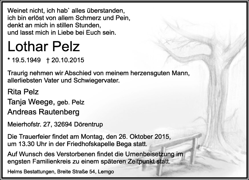  Traueranzeige für Lothar Pelz vom 24.10.2015 aus Lippische Landes-Zeitung