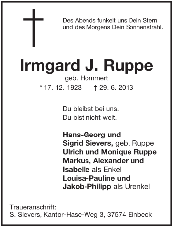 Anzeige  Irmgard J.  Ruppe  Lippische Landes-Zeitung