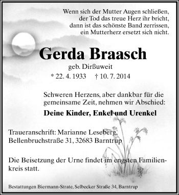 Anzeige  Gerda Braasch  Lippische Landes-Zeitung