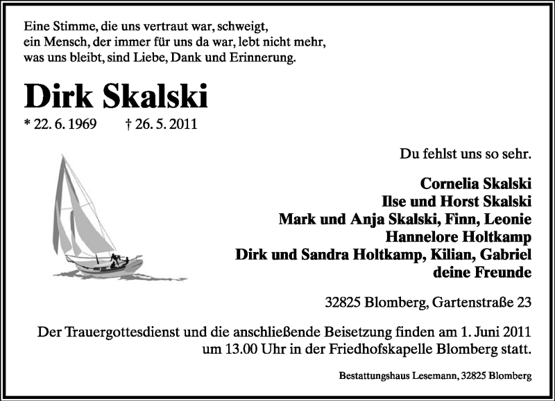  Traueranzeige für Dirk Skalski vom 30.05.2011 aus Lippische Landes-Zeitung