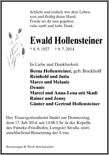 Anzeige  Ewald Hollensteiner  Lippische Landes-Zeitung