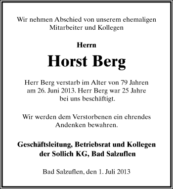 Anzeige  Horst Berg  Lippische Landes-Zeitung