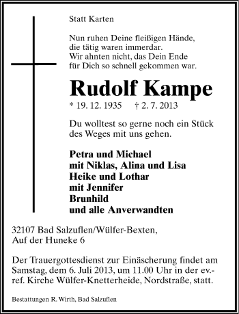 Anzeige  Rudolf Kampe  Lippische Landes-Zeitung