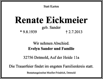 Anzeige  Renate Eickmeier  Lippische Landes-Zeitung
