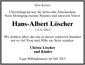Anzeige  Hans-Albert Löscher  Lippische Landes-Zeitung
