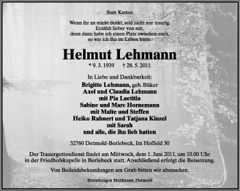 Anzeige  Helmut Lehmann  Lippische Landes-Zeitung