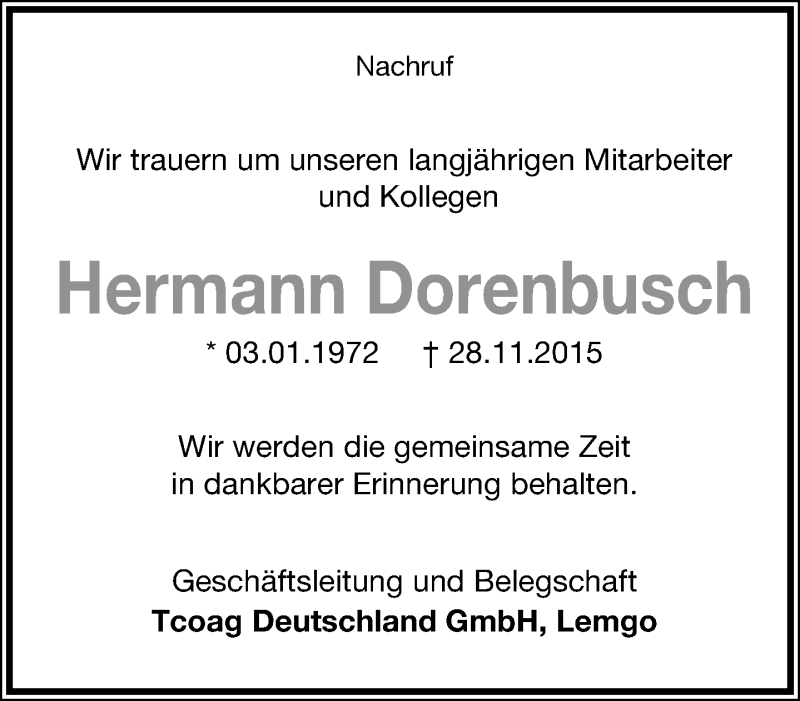  Traueranzeige für Hermann Dorenbusch vom 12.12.2015 aus Lippische Landes-Zeitung