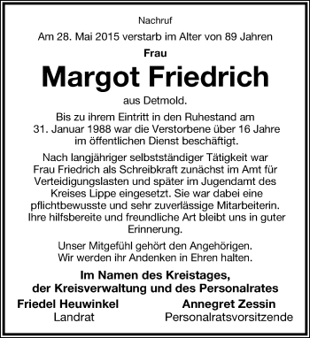 Anzeige  Margot Friedrich  Lippische Landes-Zeitung