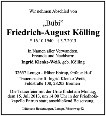 Anzeige  Friedrich-August Kölling  Lippische Landes-Zeitung