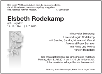 Anzeige  Elsbeth Rodekamp  Lippische Landes-Zeitung