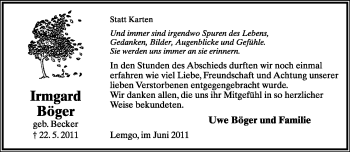 Anzeige  Irmgard Böger  Lippische Landes-Zeitung