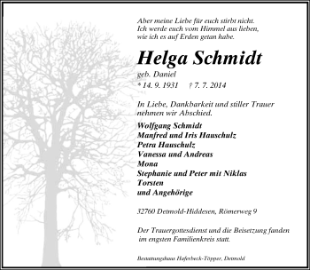 Anzeige  Helga Schmidt  Lippische Landes-Zeitung