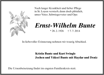 Anzeige  Ernst-Wilhelm Bunte  Lippische Landes-Zeitung