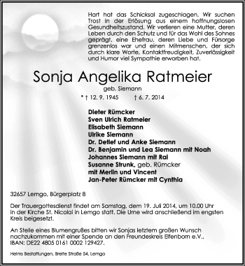 Anzeige  Sonja Angelika Ratmeier  Lippische Landes-Zeitung
