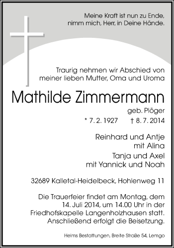 Anzeige  Mathilde Zimmermann  Lippische Landes-Zeitung