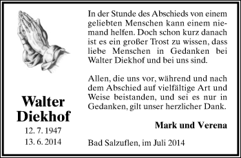 Anzeige  Walter Diekhof  Lippische Landes-Zeitung