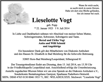 Anzeige  Lieselotte Vogt  Lippische Landes-Zeitung