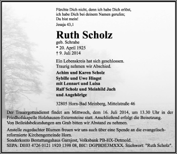 Anzeige  Ruth Scholz  Lippische Landes-Zeitung