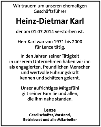 Anzeige  Heinz-Dietmar  Karl  Lippische Landes-Zeitung