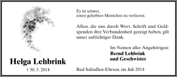Anzeige  Helga Lehbrink  Lippische Landes-Zeitung