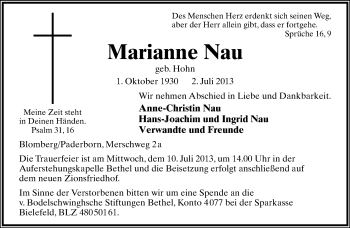 Anzeige  Marianne Nau  Lippische Landes-Zeitung