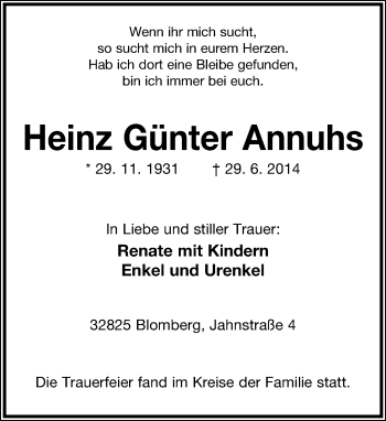 Anzeige  Heinz Günter Annuhs  Lippische Landes-Zeitung