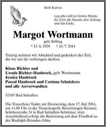 Anzeige  Margot Wortmann  Lippische Landes-Zeitung