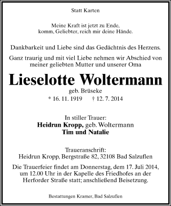 Anzeige  Lieselotte Woltermann  Lippische Landes-Zeitung