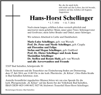 Anzeige  Hans-Horst Schellinger  Lippische Landes-Zeitung