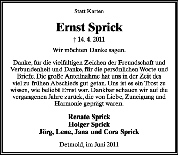 Anzeige  Ernst Sprick  Lippische Landes-Zeitung