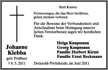 Anzeige  Johanne Klebba  Lippische Landes-Zeitung