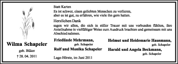 Anzeige  Wilma Schapeler  Lippische Landes-Zeitung
