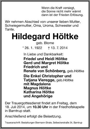Anzeige  Hildegard Höltke  Lippische Landes-Zeitung