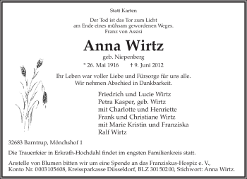 Anzeige  Anna Wirtz  Lippische Landes-Zeitung