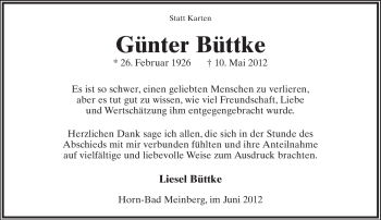 Anzeige  Günter Büttke  Lippische Landes-Zeitung