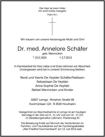 Anzeige  Annelore Schäfer  Lippische Landes-Zeitung