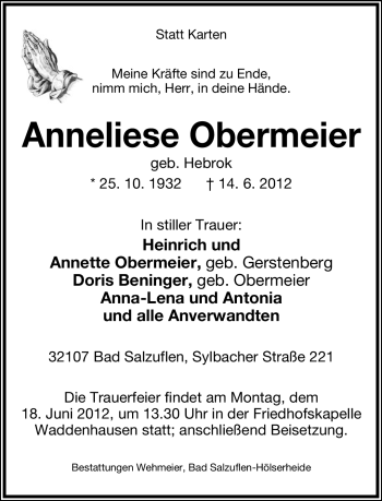 Anzeige  Anneliese Obernmeier  Lippische Landes-Zeitung