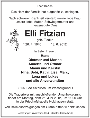 Anzeige  Elli Fitzian  Lippische Landes-Zeitung