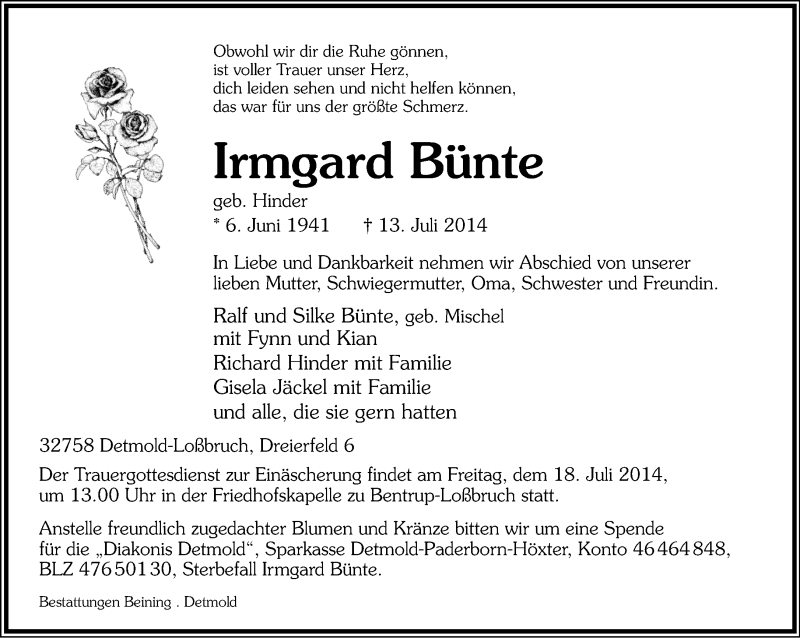  Traueranzeige für Irmgard Bünte vom 15.07.2014 aus Lippische Landes-Zeitung