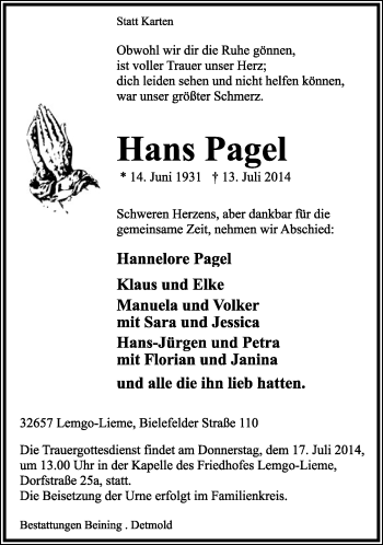 Anzeige  Hans Pagel  Lippische Landes-Zeitung