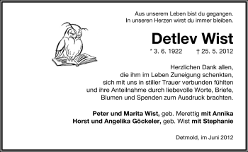 Anzeige  Detlev Wist  Lippische Landes-Zeitung