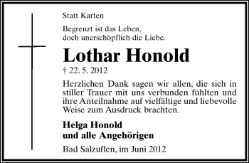 Anzeige  Lothar Honold  Lippische Landes-Zeitung