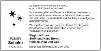 Anzeige  Karin Schake  Lippische Landes-Zeitung